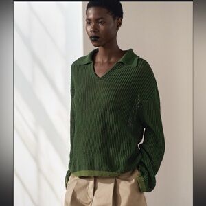Zara green khaki oversized polo collar knit sweater